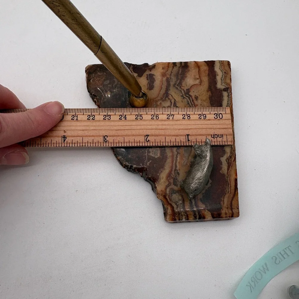Vintage MCM Stone Slab Desk Pen Holder Metal Pig pork farm animal butcher Agate‎